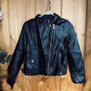 Atmosphere women’s vegan black leather Moto jacket.